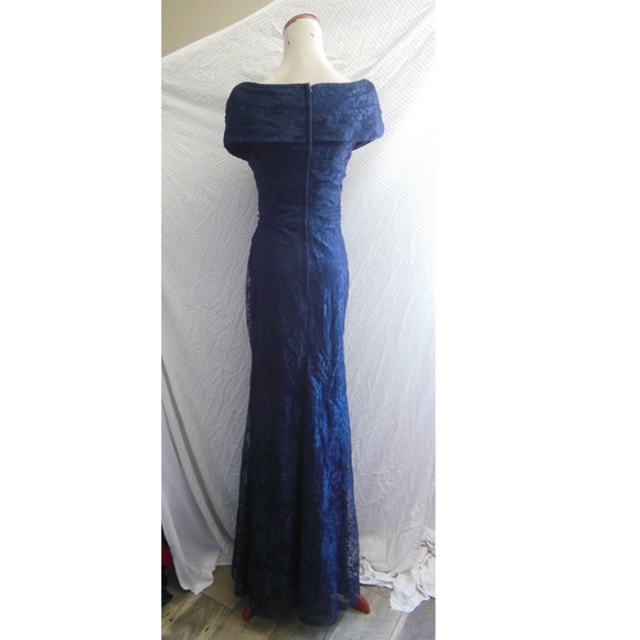 NEW LA FEMME Navy PORTRAIT NECK Ruched Waist SPARKLE LACE Trumpet EVENING GOWN 8 - Picture 14 of 16
